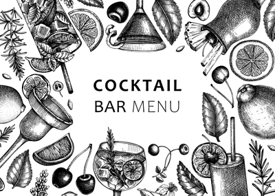 Alcoholic cocktails background. Glass of margarita, mojito, Pina colada, cosmopolitan, tequila sunrise banner design. Hand-sketched cocktails frame. Isolated black and white vector drinks illustration